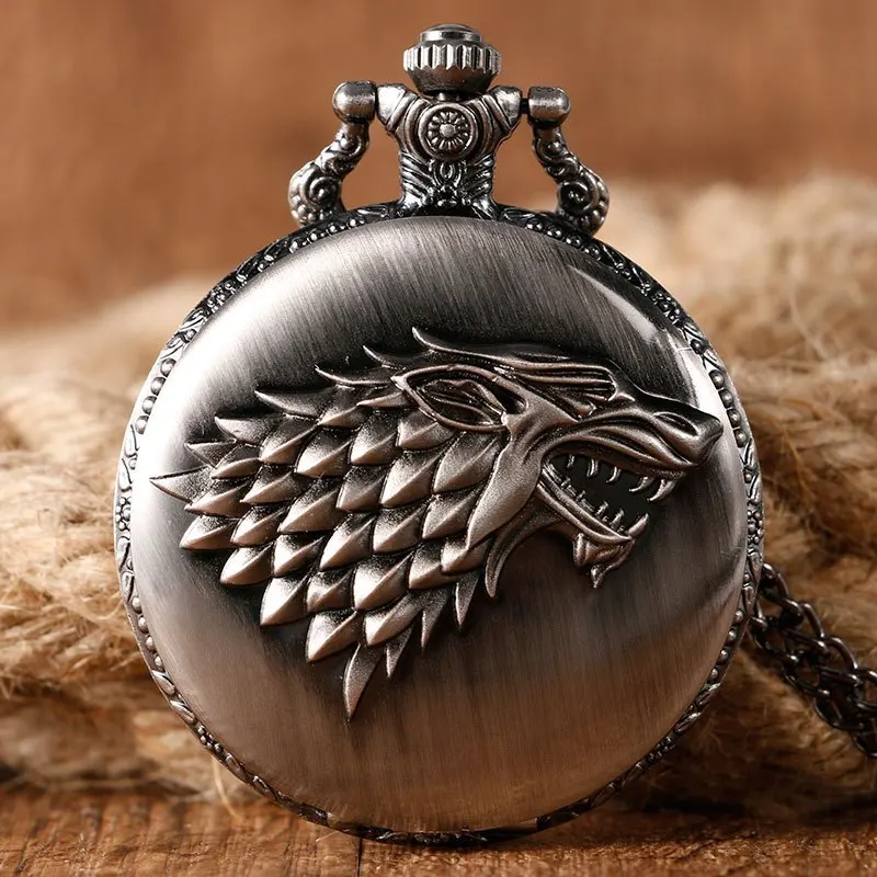 Vintage Collectible Guns - Gun‑Metal Vintage Direwolf Stark Pocket Watch